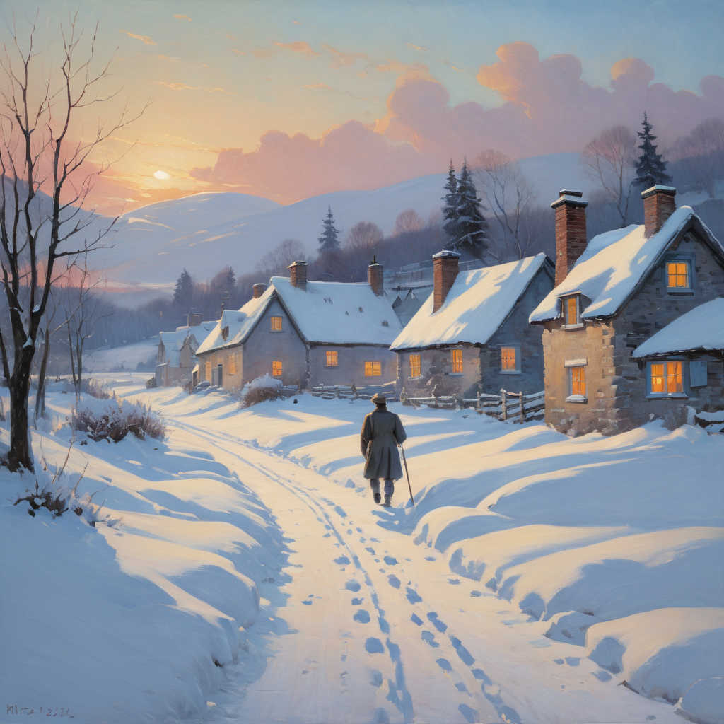 00045-4142695892-masterpiece, best quality, _lora_add-detail-xl_1_, ArsMJStyle, impressionism,  A snow-covered village at dusk, with warm light s.png